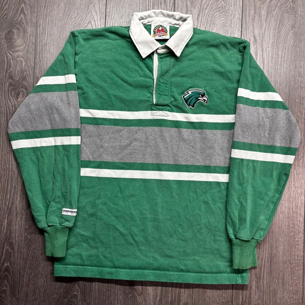 Barbarian Rugby Wear Vintage Green Striped Long Sleeve Shirt Mens Medium Eagle